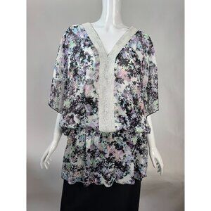 Badgley Mischka Floral Beaded V-Neck Blouson Top Gathered size L 100% Polyester